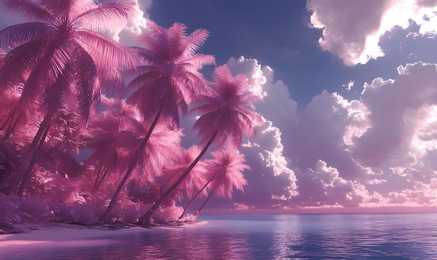 Render a surreal tropical island scene where palm trees glow in radiant hues of pink and purple