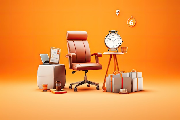 A rendered image depicts a businessthemed lifestyle for illustrators showcasing an office chair surr