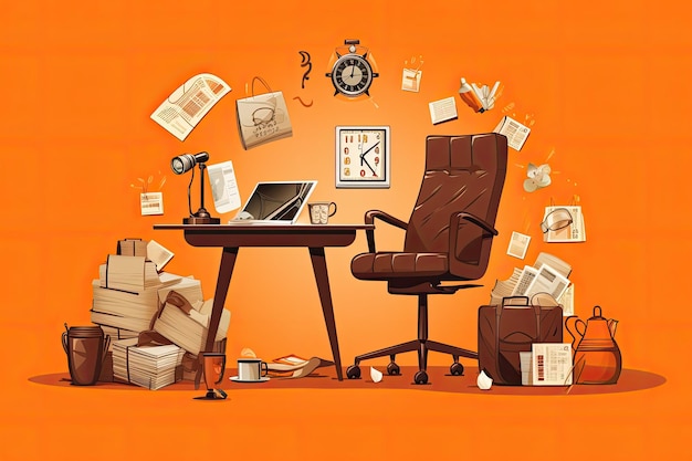 A rendered image depicts a businessthemed lifestyle for illustrators showcasing an office chair surr