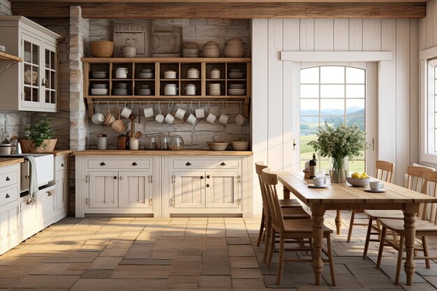 A rendered image of a farmhousestyle kitchen interior with a wall mockup in the background