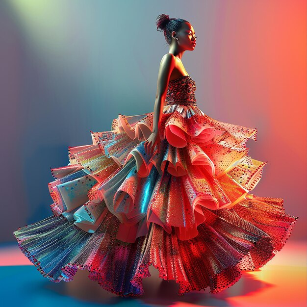 rendered photo of beautiful full shot of luxury and unique in design fashion gown