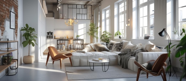 Rendering 3D Interior design modern living room scandinavian loft apartment AI generated image