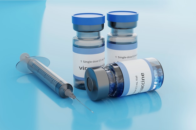 Rendering 3d vaccine medicine bottle flu vaccine anti-vaccination and covid-19