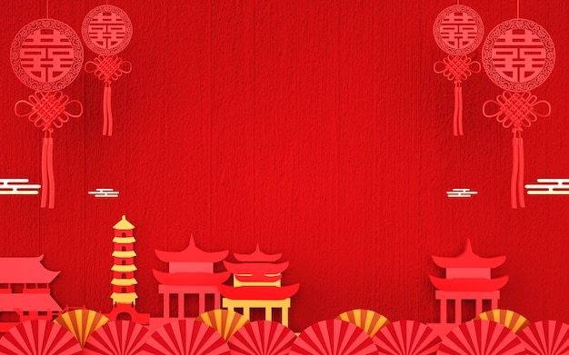 rendering of abstract red background with chinese style decorations