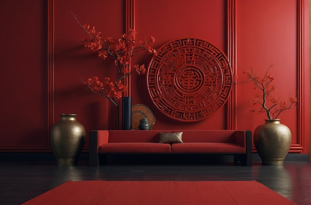 Rendering of abstract red background with chinese style decorations