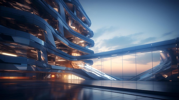 a rendering of a building with a view of the ocean and the sky at sunset