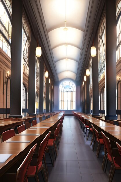 A rendering of a church with a large window and a row of tables with red chairs.