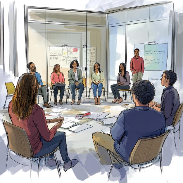 A rendering of a conflict resolution workshop with participants learning negotiation and mediation s