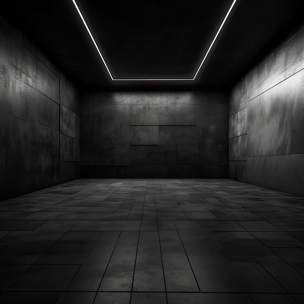 Rendering of a dark room with a concrete wall and floor