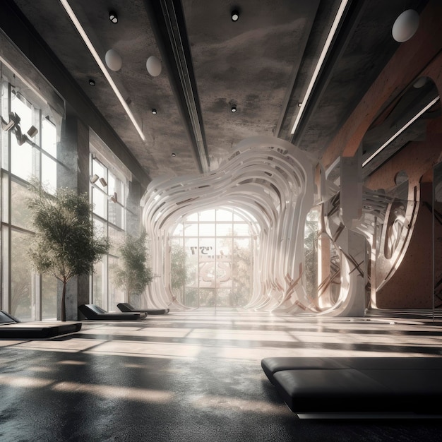 A rendering of a gym with a large mirror on the wall