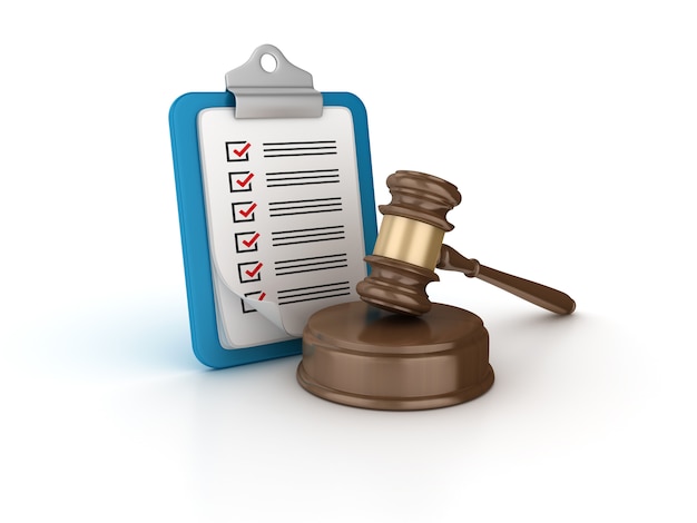 Rendering Illustration of gavel with checklist clipboard