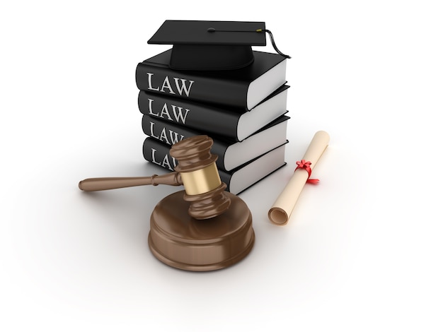 Rendering Illustration of Legal Gavel with Books Mortarboard and Diploma