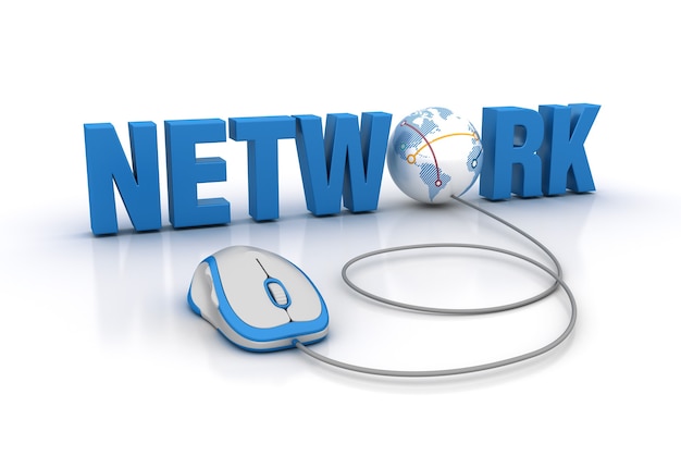 Rendering Illustration of NETWORK Word with Computer Mouse and Globe World