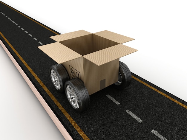 Rendering Illustration of Road with Cardboard Box on Wheels