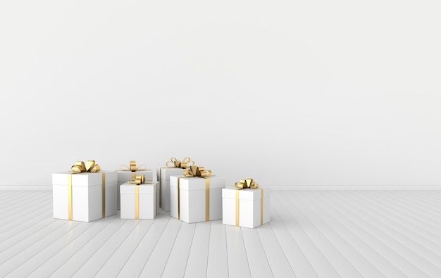 rendering of interior with white gift box with golden ribbon bow