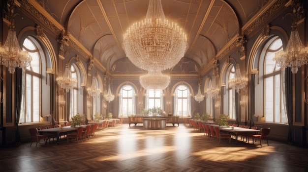 A rendering of a large ballroom with chandeliers and a large chandelier.