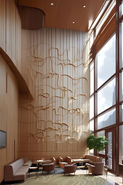 A rendering of a large wall with a large sculpture of a tree on it