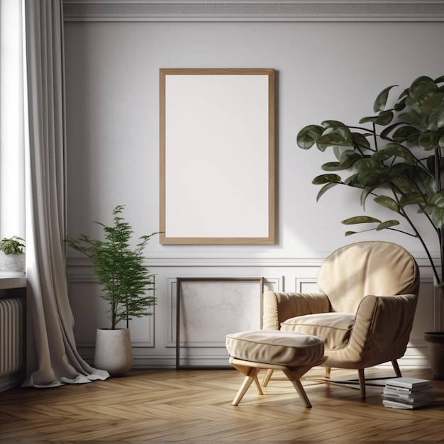 a rendering of a living room with a chair and a picture frame generative ai