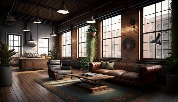 A rendering of a living room with a couch and a coffee table.