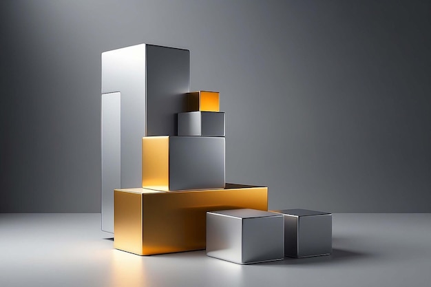 rendering of minimalistic podium with metallic cubes on gray backgound with soft light