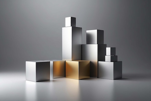 rendering of minimalistic podium with metallic cubes on gray backgound with soft light