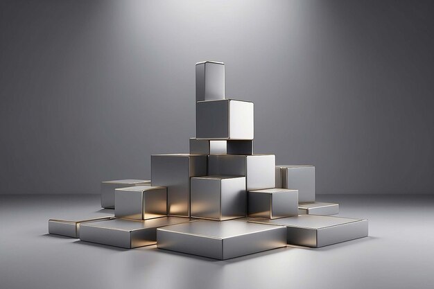 rendering of minimalistic podium with metallic cubes on gray backgound with soft light