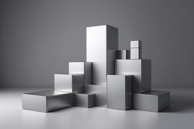 rendering of minimalistic podium with metallic cubes on gray backgound with soft light