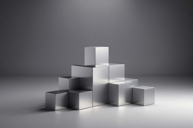 rendering of minimalistic podium with metallic cubes on gray backgound with soft light