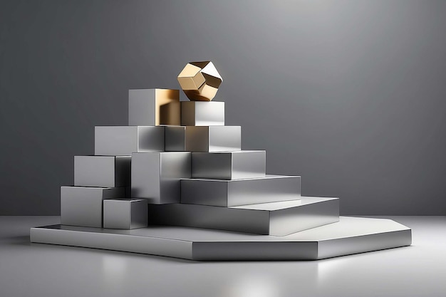 rendering of minimalistic podium with metallic cubes on gray backgound with soft light