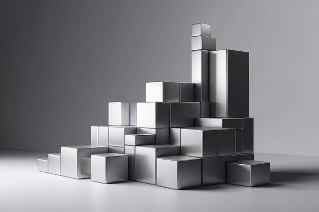 rendering of minimalistic podium with metallic cubes on gray backgound with soft light