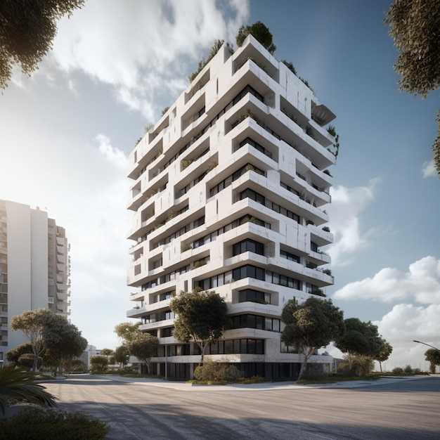 rendering of a modern apartment building with a lot of windows generative ai