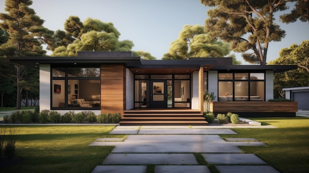 A rendering of a modern house in the evening