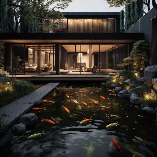 A rendering of a modern house with a pond and a patio generative ai