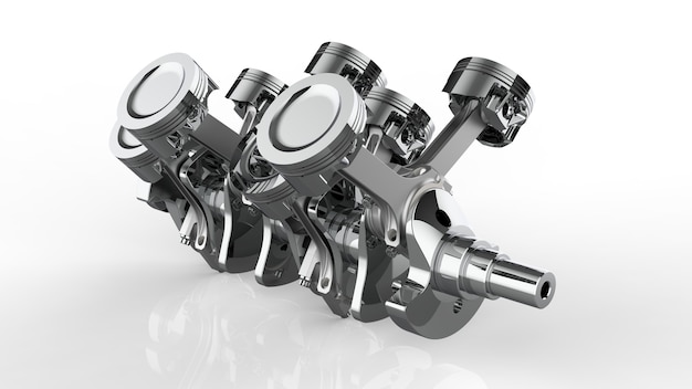 Rendering of pistons and crankshaft on white