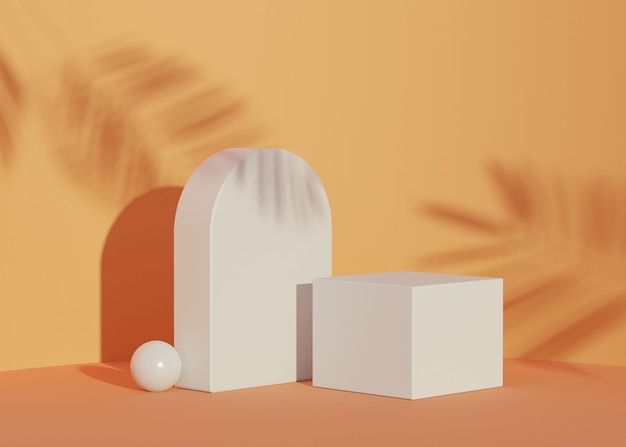 Rendering of realistic modern minimalist podium with shadow of palm leaves for product