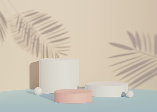 Rendering of realistic modern minimalist podium with shadow of palm leaves for product