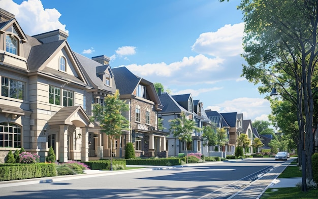 a rendering of a residential street with houses on the side