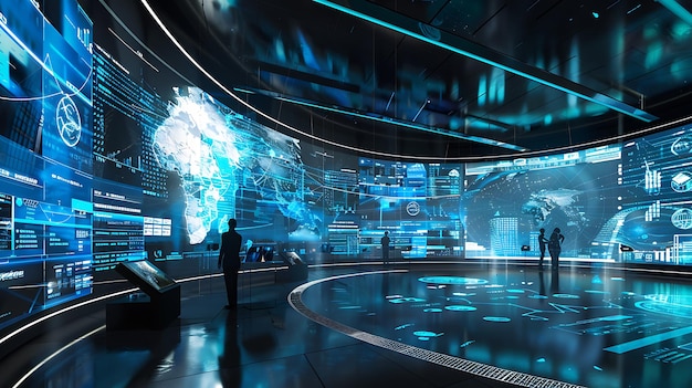 a rendering of a room with a man standing in front of a large screen that says the future of space