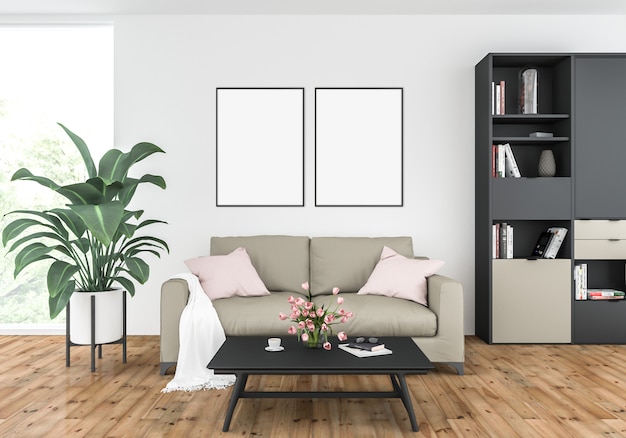 Rendering of scandinavian living room with empty vertical frames, artwork display