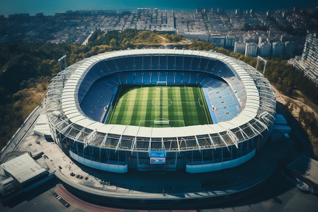 A rendering of a soccer stadium with a flag on the side.