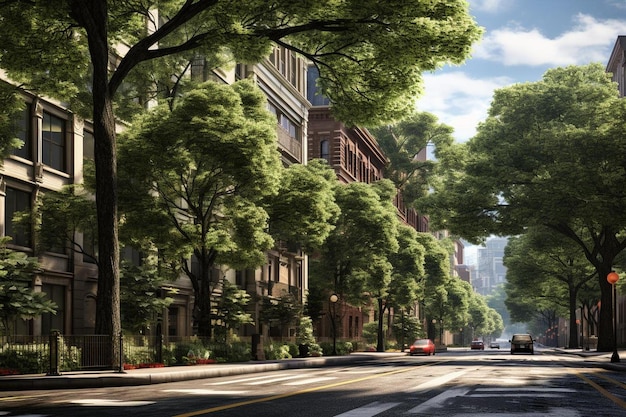 Photo a rendering of a street with a tree lined street.