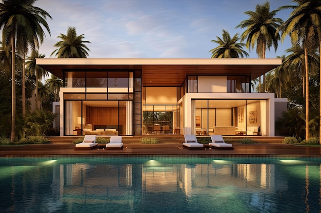 A rendering of a villa with a pool in the background.