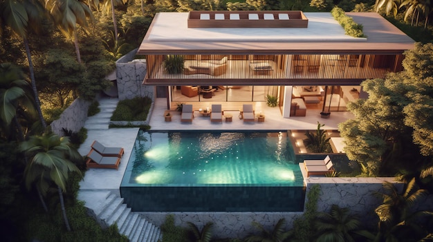 A rendering of a villa with a pool and a swimming pool.