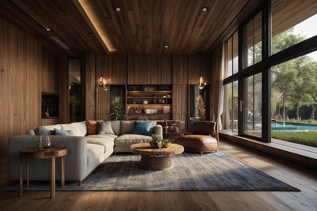 Rendering wood luxury and modern living room and dini