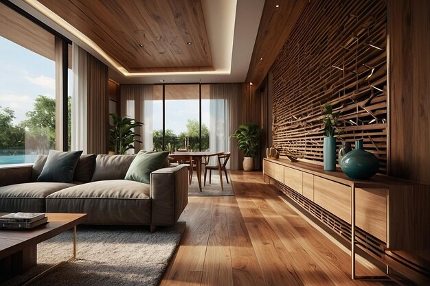 Rendering wood luxury and modern living room and dini