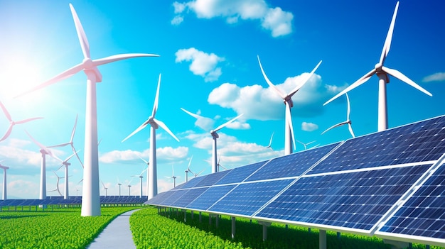 Renewable energy background with green energy as wind turbines and solar panel Generative AI