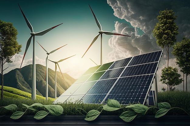 Renewable energy background with green energy as wind turbines and solar panels green energy concept energy sources sustainable Ecology Elements Generative AI