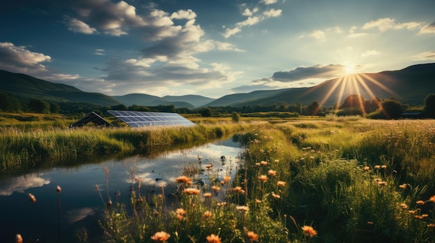 Renewable energy background with green energy as wind turbines and solar panels