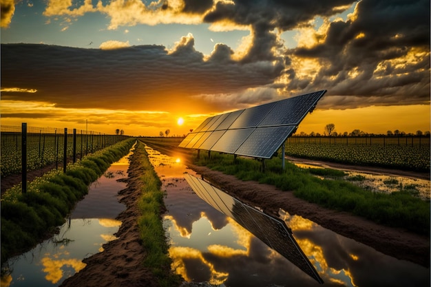 renewable energy background with photovoltaic energy big solar panels in sunflowers field