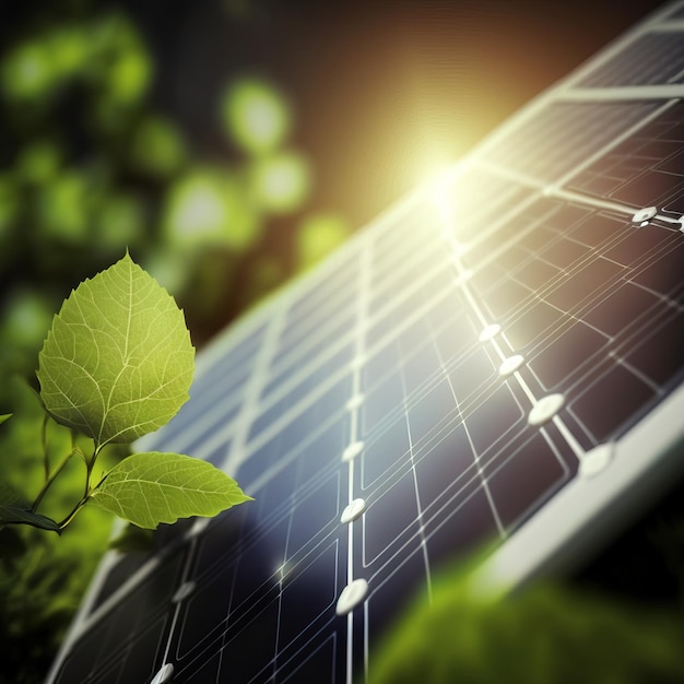 renewable energy background with photovoltaic energy big solar panels in sunflowers field